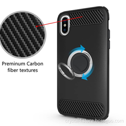 Drop proof carbon fiber textures decorative hybrid case with 360 degree rotatable finger ring